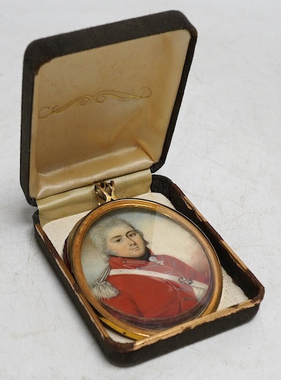 Manner of John Smart (1741-1811), early 19th century portrait miniature on ivory, Portrait of a gentleman wearing military uniform, unsigned, housed in a gilt locket mount, 6.5 x 5cm. Condition - fair CITES Submission re